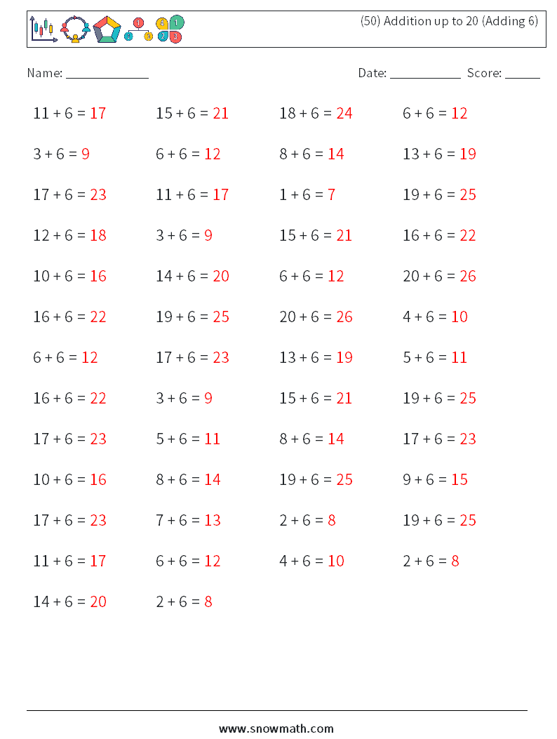 (50) Addition up to 20 (Adding 6) Maths Worksheets 3 Question, Answer