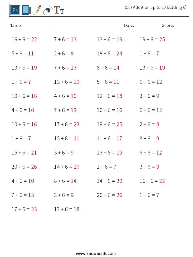 (50) Addition up to 20 (Adding 6) Maths Worksheets 4 Question, Answer
