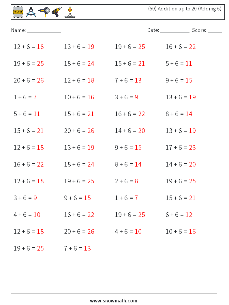 (50) Addition up to 20 (Adding 6) Maths Worksheets 5 Question, Answer