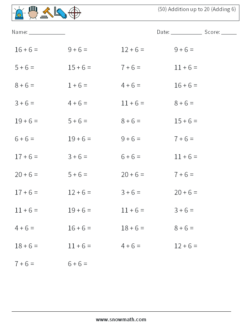 (50) Addition up to 20 (Adding 6) Maths Worksheets 6