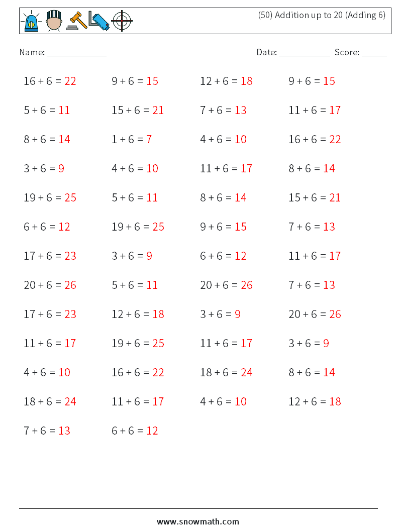 (50) Addition up to 20 (Adding 6) Maths Worksheets 6 Question, Answer