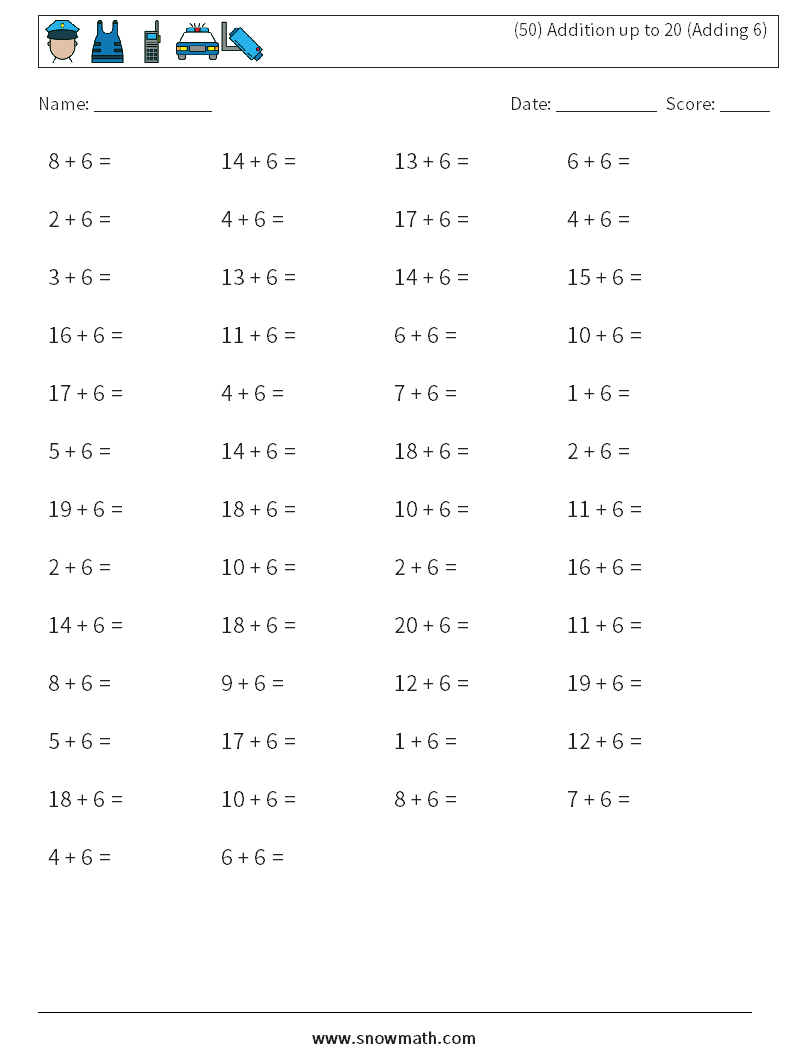 (50) Addition up to 20 (Adding 6) Maths Worksheets 7