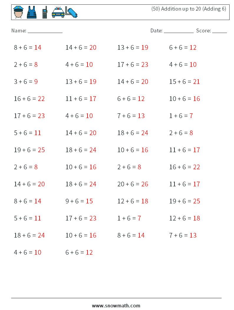 (50) Addition up to 20 (Adding 6) Maths Worksheets 7 Question, Answer