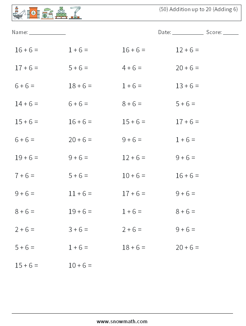 (50) Addition up to 20 (Adding 6) Maths Worksheets 8