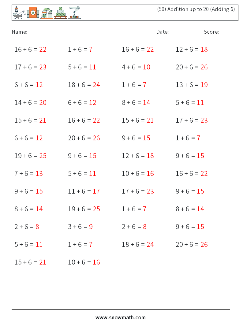 (50) Addition up to 20 (Adding 6) Maths Worksheets 8 Question, Answer