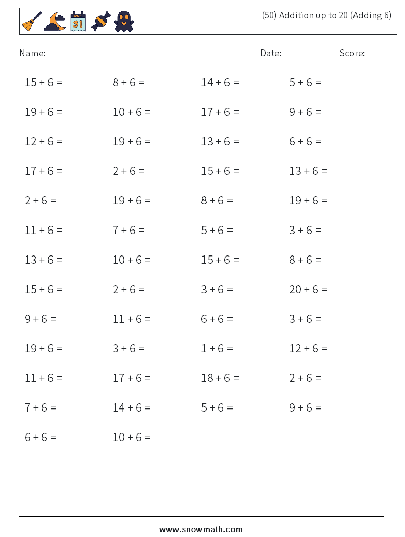 (50) Addition up to 20 (Adding 6) Maths Worksheets 9