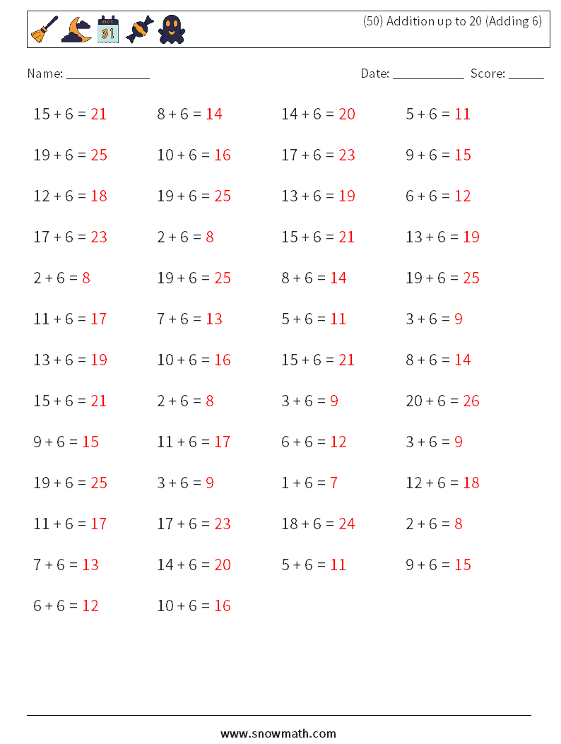 (50) Addition up to 20 (Adding 6) Maths Worksheets 9 Question, Answer