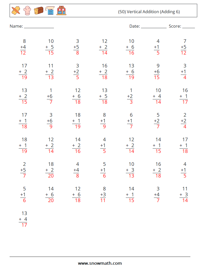 (50) Vertical  Addition (Adding 6) Maths Worksheets 14 Question, Answer