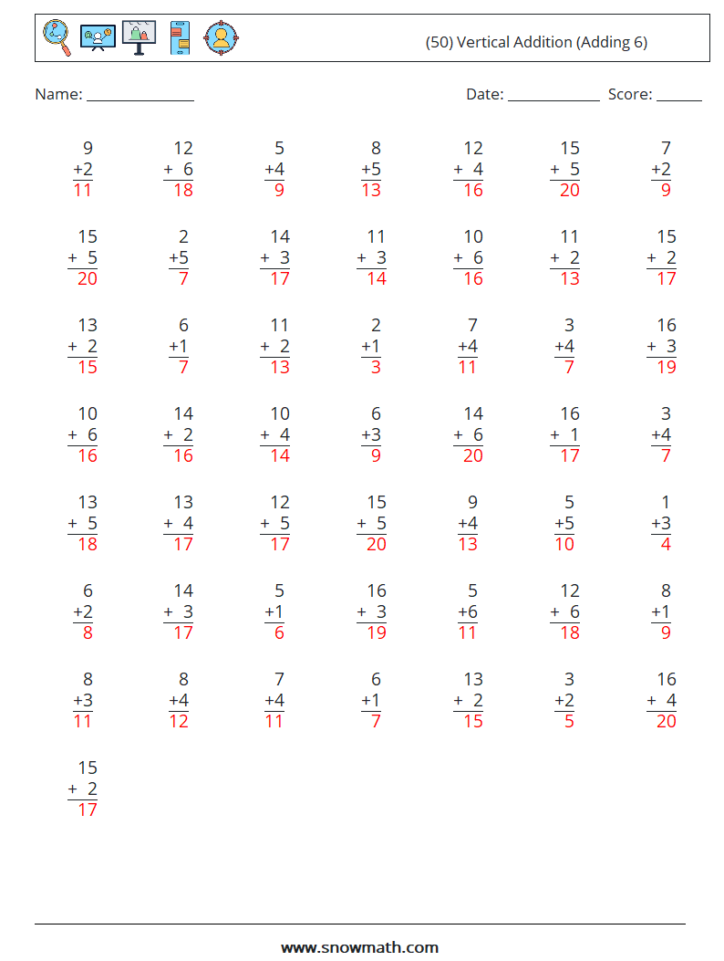 (50) Vertical  Addition (Adding 6) Maths Worksheets 15 Question, Answer