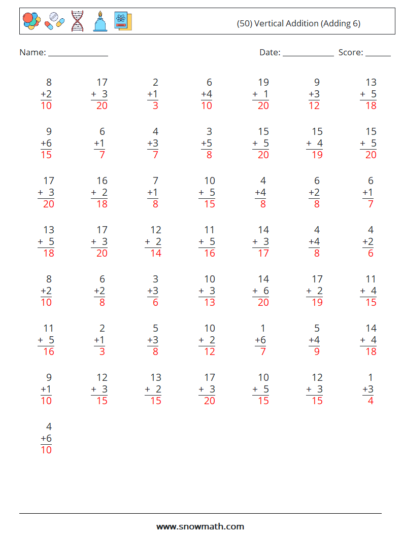 (50) Vertical  Addition (Adding 6) Maths Worksheets 16 Question, Answer