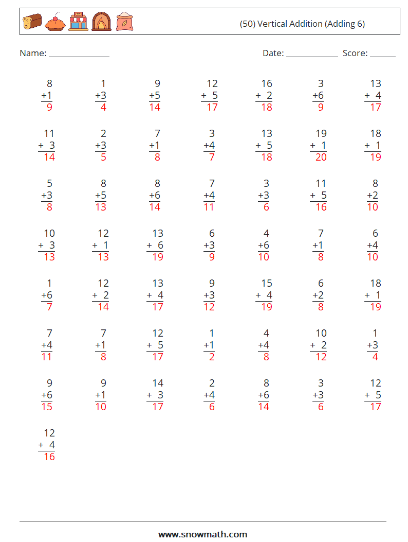 (50) Vertical  Addition (Adding 6) Maths Worksheets 17 Question, Answer