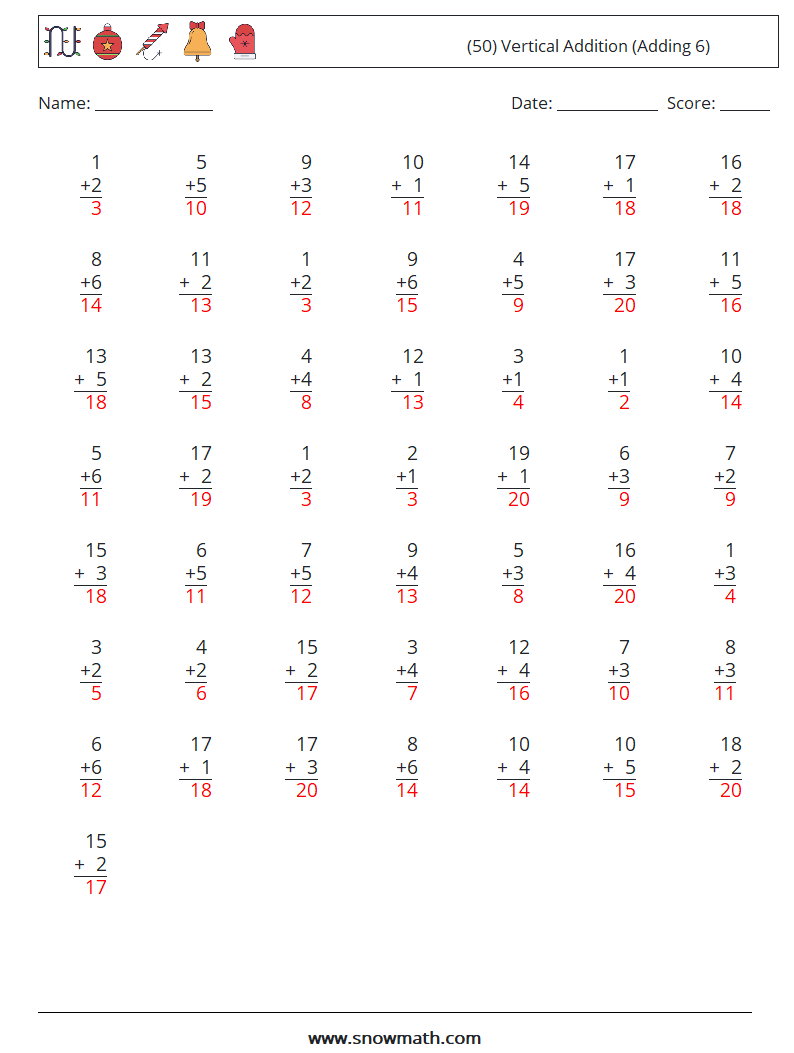 (50) Vertical  Addition (Adding 6) Maths Worksheets 18 Question, Answer