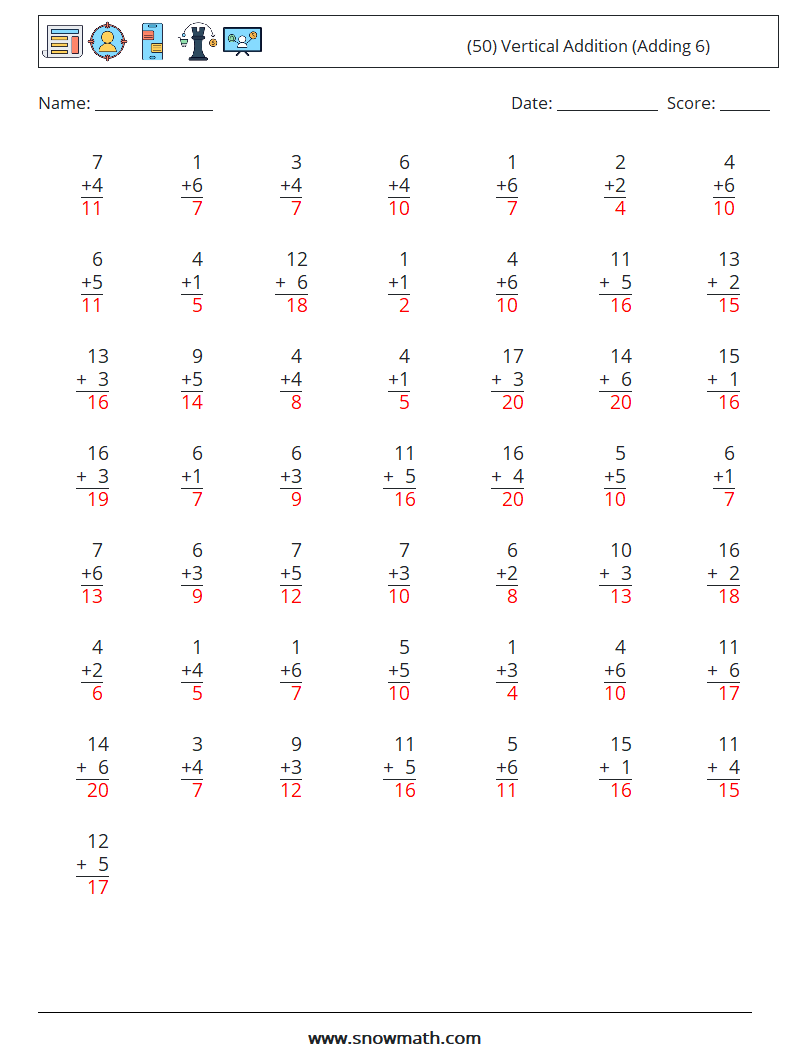 (50) Vertical  Addition (Adding 6) Maths Worksheets 1 Question, Answer