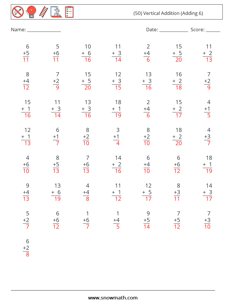 (50) Vertical  Addition (Adding 6) Maths Worksheets 2 Question, Answer