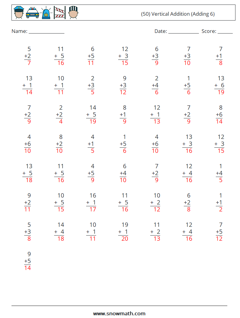 (50) Vertical  Addition (Adding 6) Maths Worksheets 3 Question, Answer