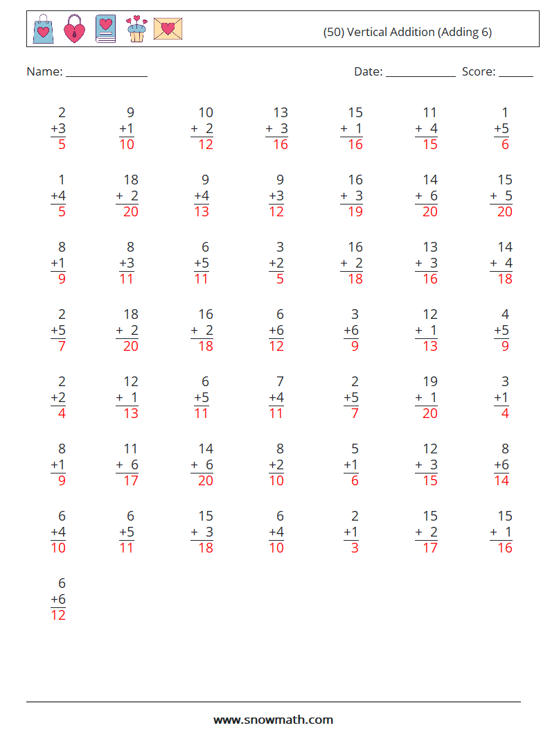 (50) Vertical  Addition (Adding 6) Maths Worksheets 4 Question, Answer