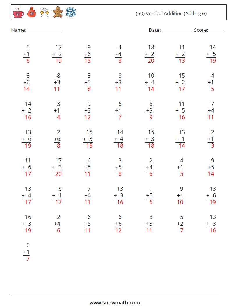 (50) Vertical  Addition (Adding 6) Maths Worksheets 6 Question, Answer