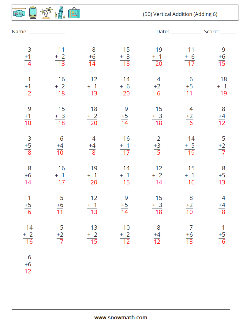 (50) Vertical  Addition (Adding 6) Maths Worksheets 8 Question, Answer