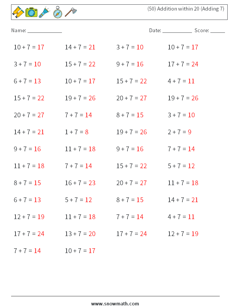 (50) Addition within 20 (Adding 7) Maths Worksheets 5 Question, Answer