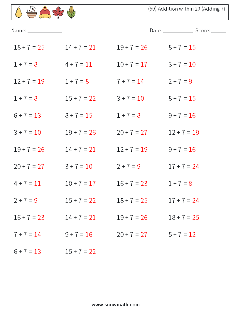 (50) Addition within 20 (Adding 7) Maths Worksheets 6 Question, Answer