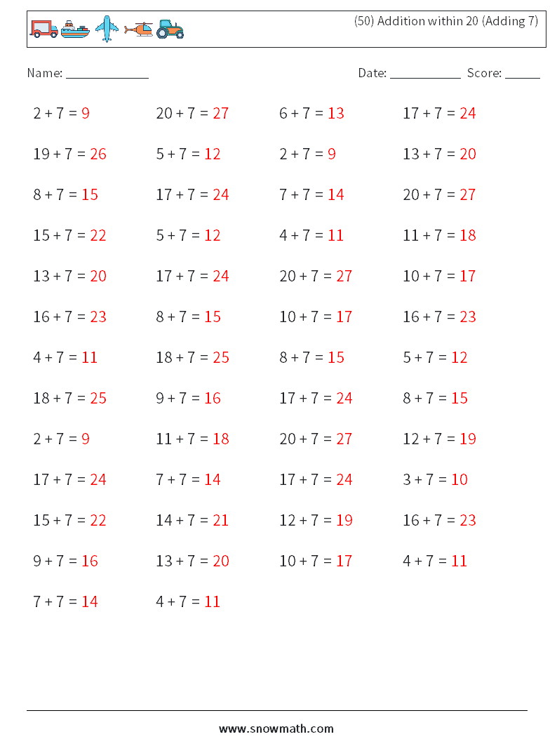 (50) Addition within 20 (Adding 7) Maths Worksheets 7 Question, Answer