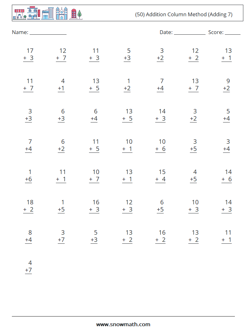 (50) Addition Column Method (Adding 7) Maths Worksheets 1