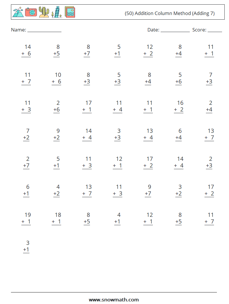 (50) Addition Column Method (Adding 7) Maths Worksheets 10