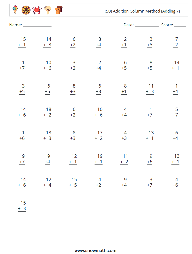 (50) Addition Column Method (Adding 7) Maths Worksheets 11
