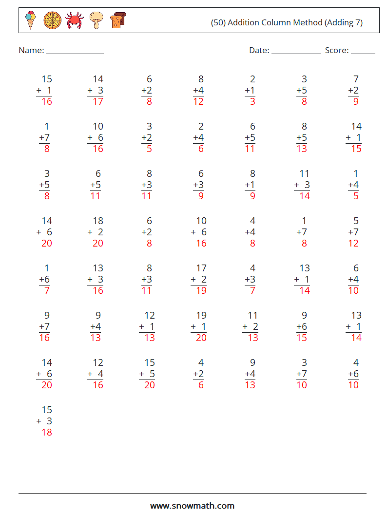 (50) Addition Column Method (Adding 7) Maths Worksheets 11 Question, Answer