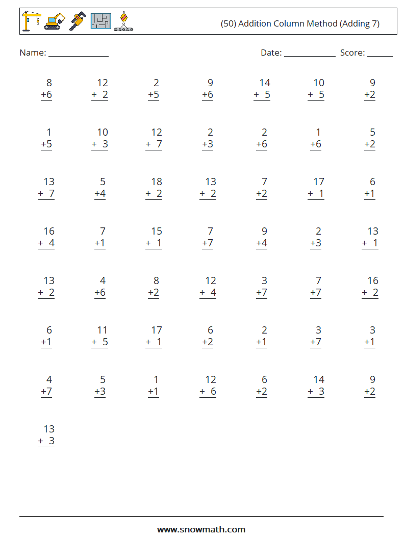 (50) Addition Column Method (Adding 7) Maths Worksheets 12