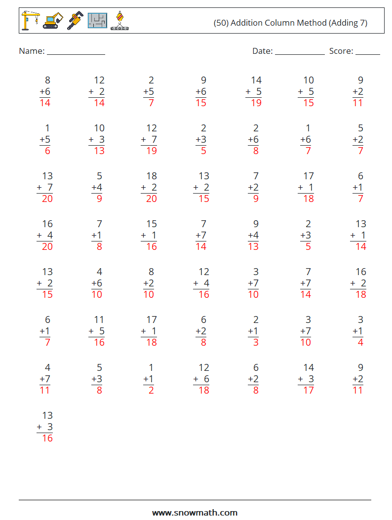 (50) Addition Column Method (Adding 7) Maths Worksheets 12 Question, Answer