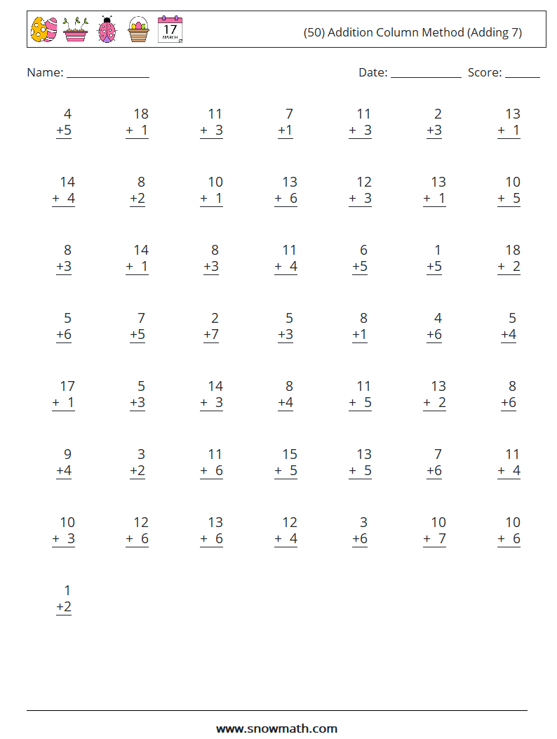 (50) Addition Column Method (Adding 7) Maths Worksheets 13