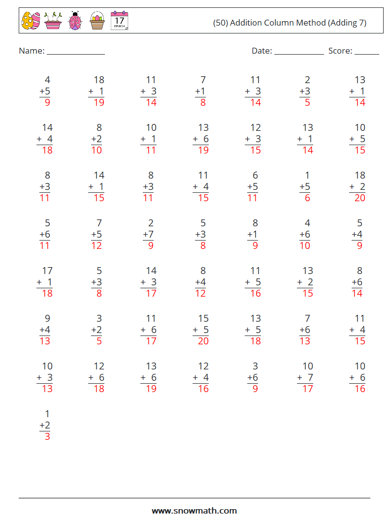 (50) Addition Column Method (Adding 7) Maths Worksheets 13 Question, Answer