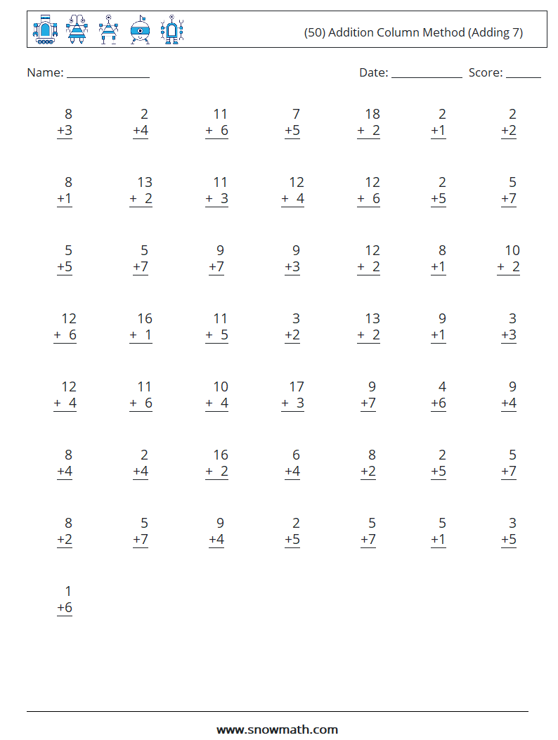 (50) Addition Column Method (Adding 7) Maths Worksheets 14