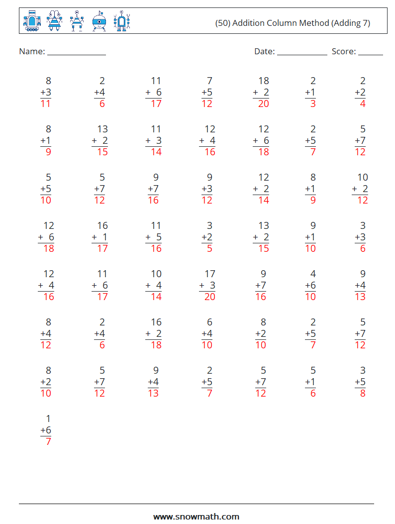 (50) Addition Column Method (Adding 7) Maths Worksheets 14 Question, Answer