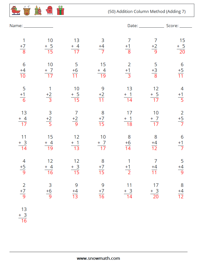 (50) Addition Column Method (Adding 7) Maths Worksheets 15 Question, Answer