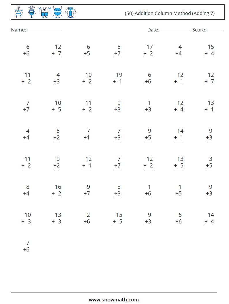 (50) Addition Column Method (Adding 7) Maths Worksheets 16