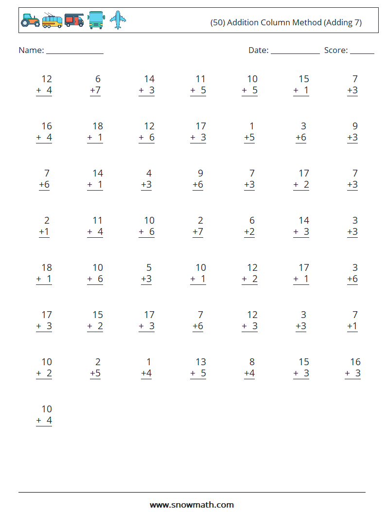 (50) Addition Column Method (Adding 7) Maths Worksheets 17