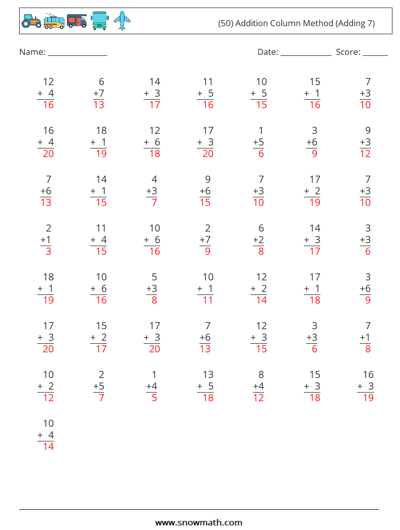 (50) Addition Column Method (Adding 7) Maths Worksheets 17 Question, Answer