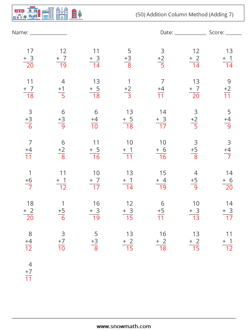 (50) Addition Column Method (Adding 7) Maths Worksheets 1 Question, Answer