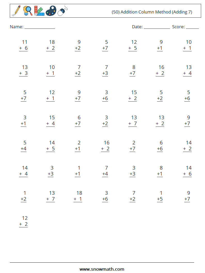 (50) Addition Column Method (Adding 7) Maths Worksheets 2