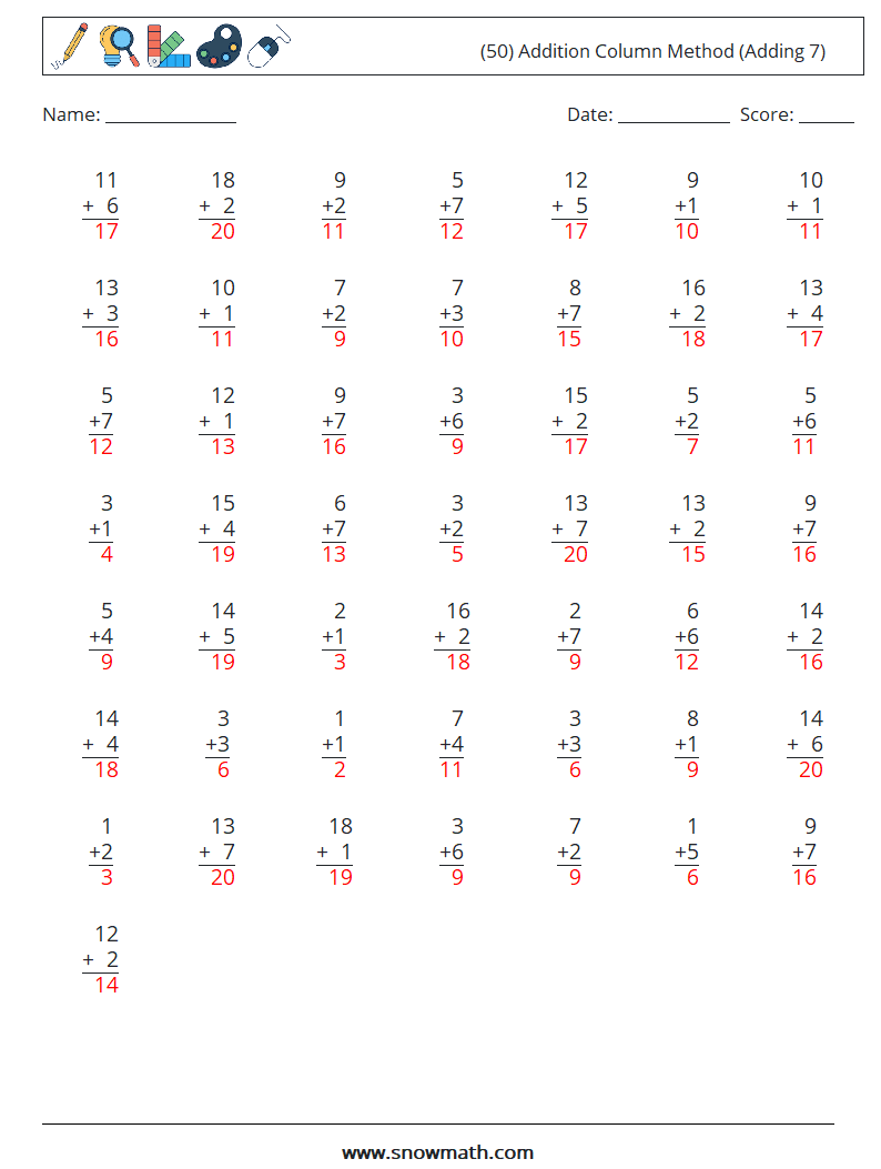 (50) Addition Column Method (Adding 7) Maths Worksheets 2 Question, Answer