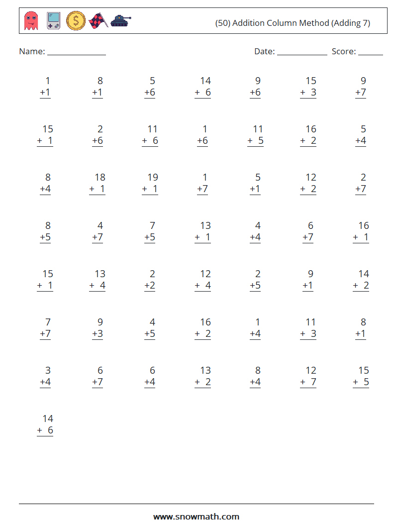 (50) Addition Column Method (Adding 7) Maths Worksheets 3