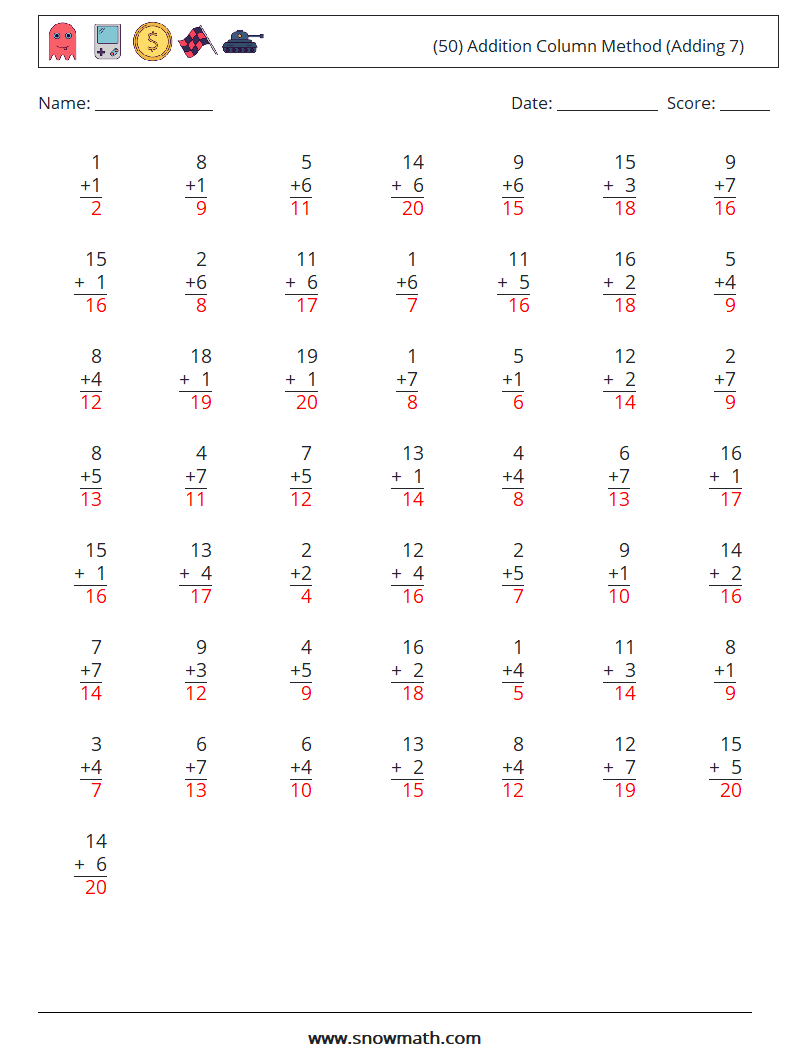 (50) Addition Column Method (Adding 7) Maths Worksheets 3 Question, Answer