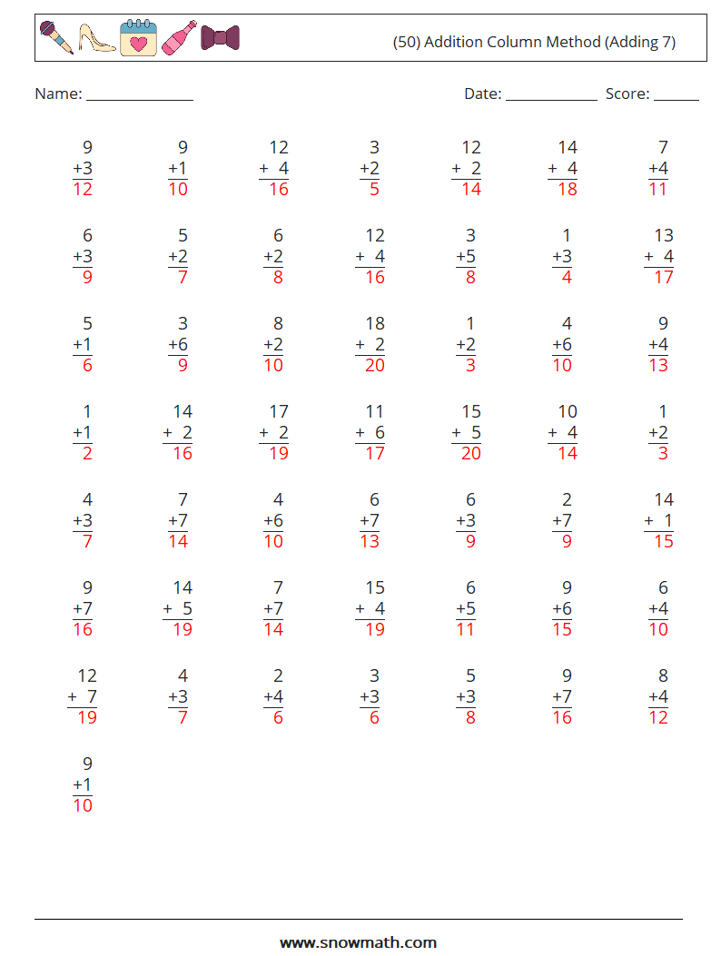 (50) Addition Column Method (Adding 7) Maths Worksheets 4 Question, Answer