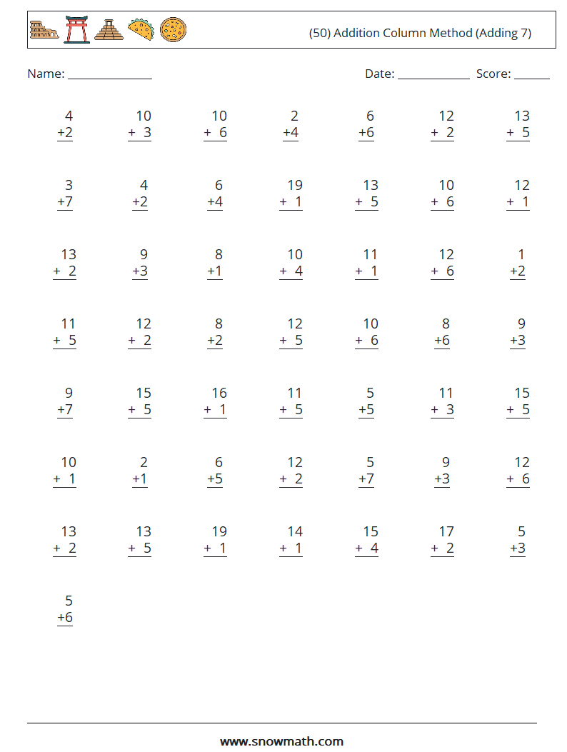 (50) Addition Column Method (Adding 7) Maths Worksheets 5