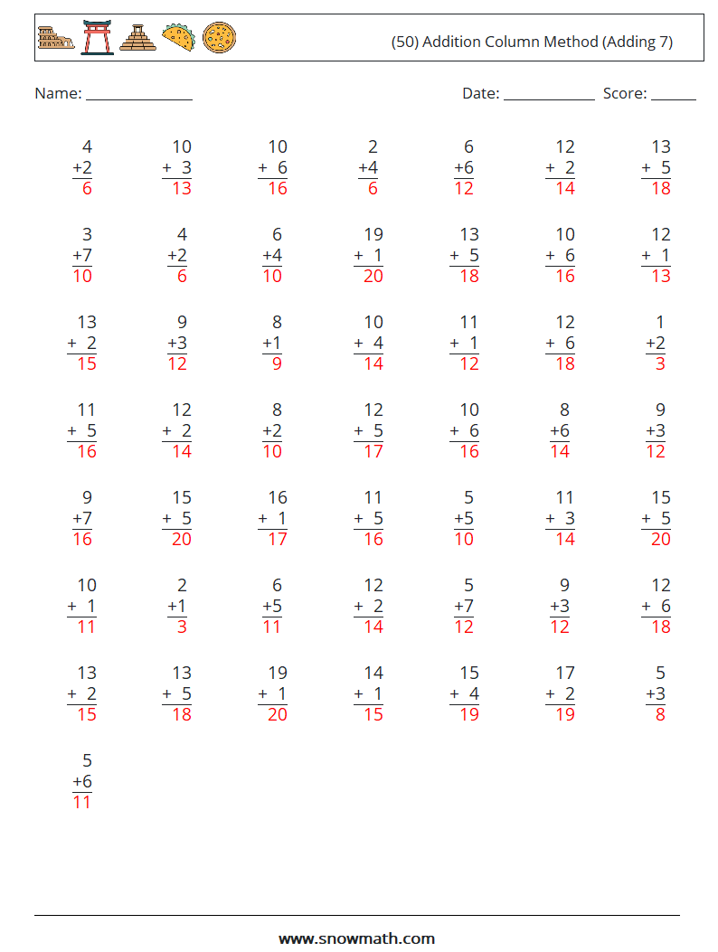 (50) Addition Column Method (Adding 7) Maths Worksheets 5 Question, Answer