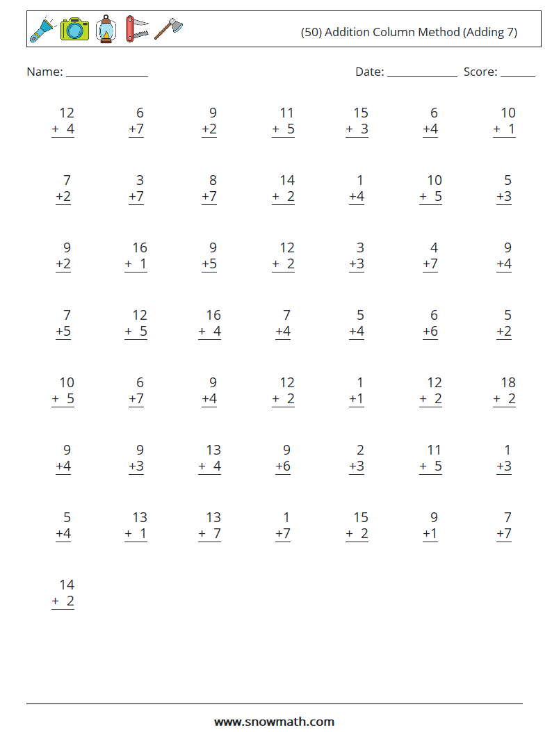 (50) Addition Column Method (Adding 7) Maths Worksheets 6
