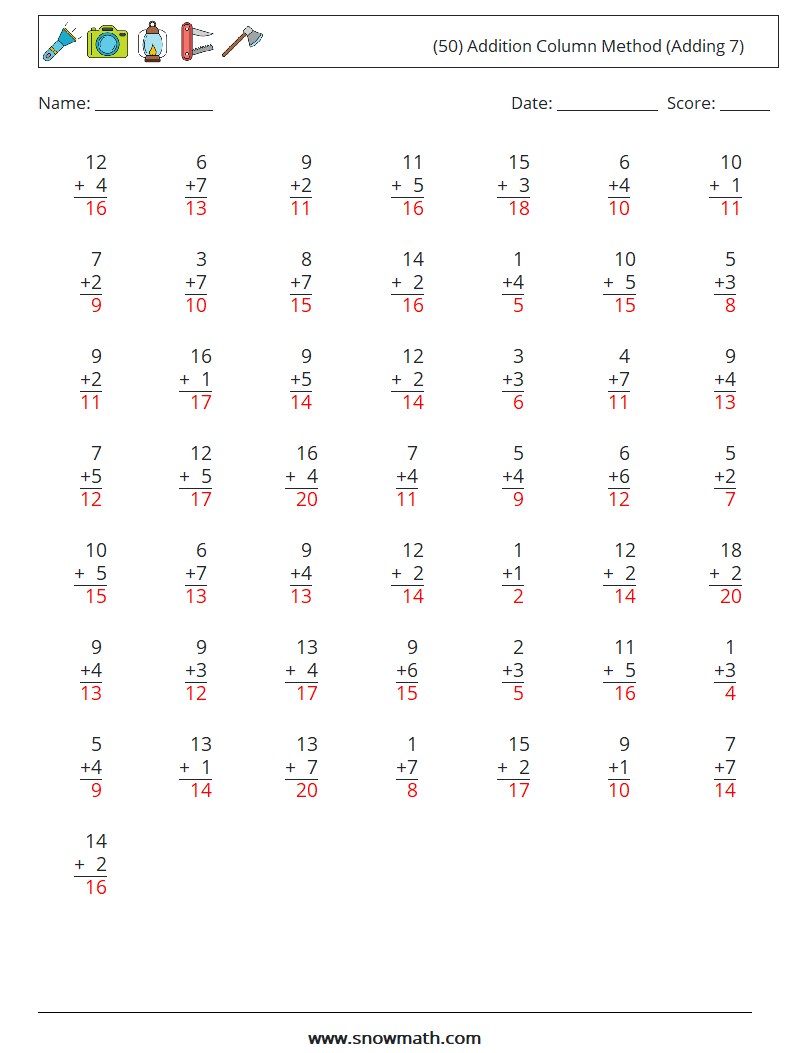 (50) Addition Column Method (Adding 7) Maths Worksheets 6 Question, Answer