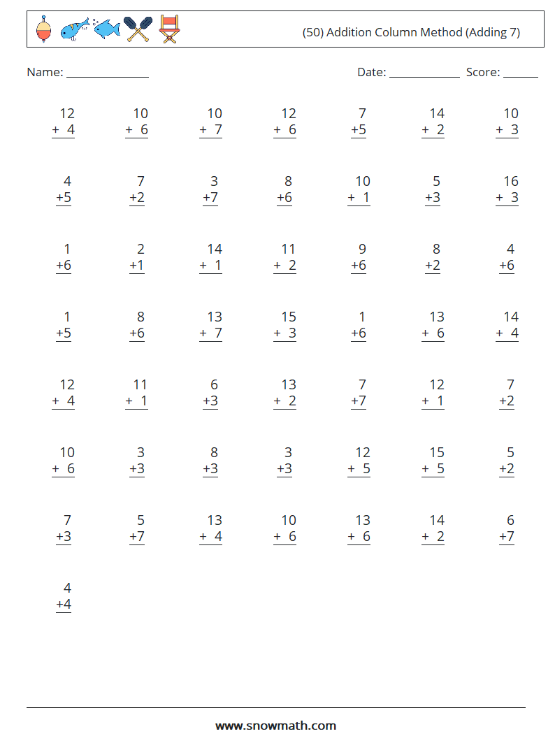 (50) Addition Column Method (Adding 7) Maths Worksheets 7